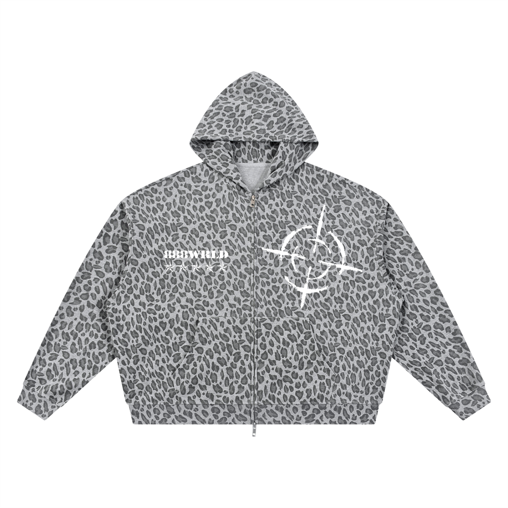 Leopard Print Waffle Full Zip Hoodie